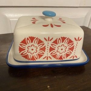 Farmhouse Style Ceramic Butter Dish Red White Teal